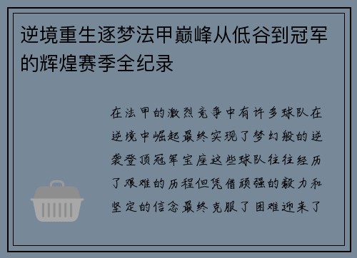 逆境重生逐梦法甲巅峰从低谷到冠军的辉煌赛季全纪录