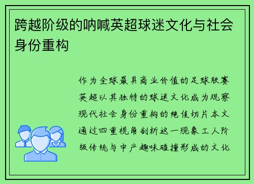 跨越阶级的呐喊英超球迷文化与社会身份重构
