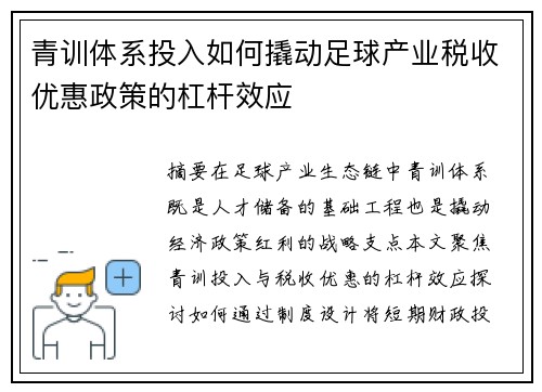 青训体系投入如何撬动足球产业税收优惠政策的杠杆效应