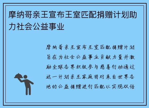 摩纳哥亲王宣布王室匹配捐赠计划助力社会公益事业