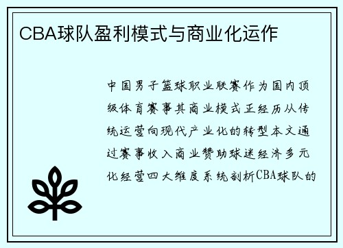 CBA球队盈利模式与商业化运作